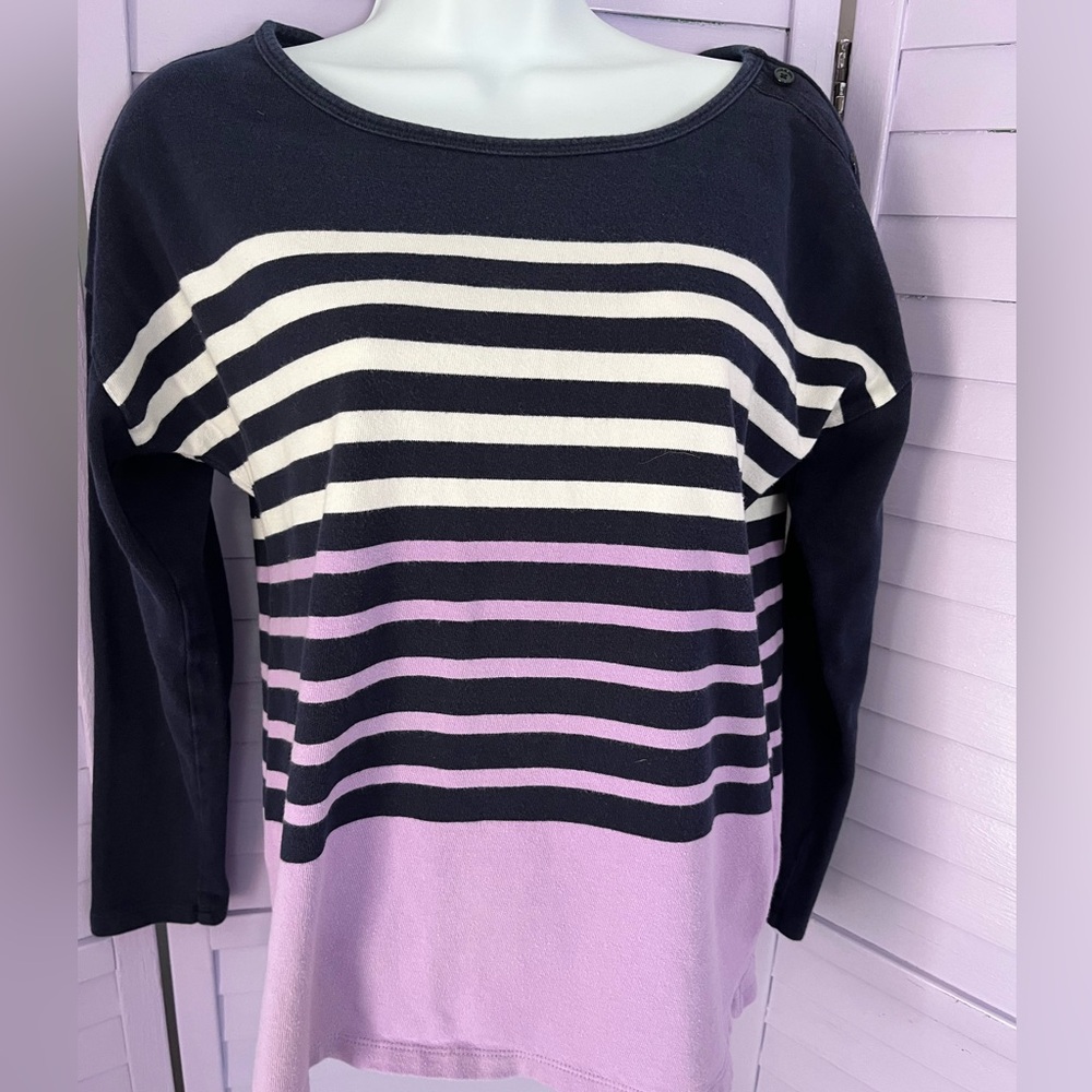 Talbots Striped Navy and Lavender Sweater.  3 button accent on shoulder. GUC